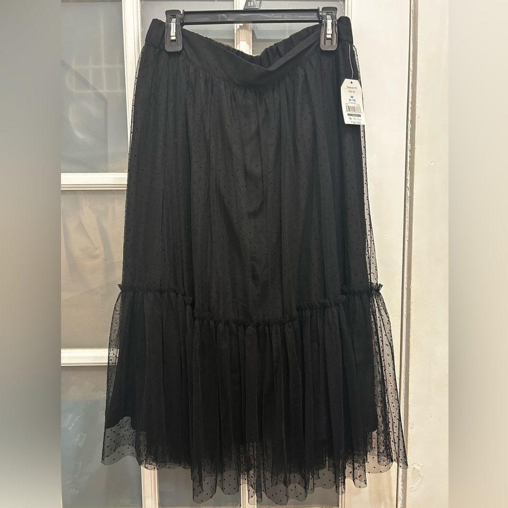 Time and Tru Black Midi Skirt With Swiss Dot Mesh Overlay Size Medium